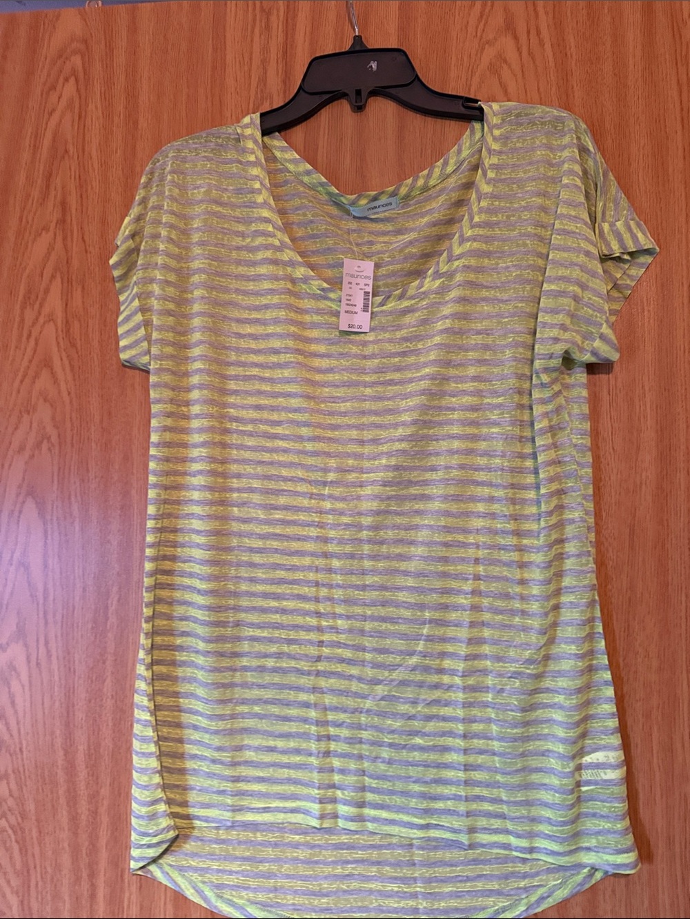 Maurices Neon Yellow & Gray Striped Scoop Neck Short Sleeve Top